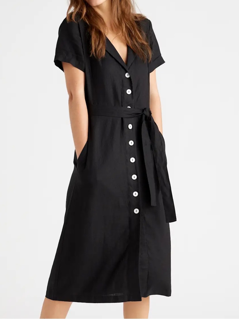 Quince 100% European Linen Button Front Midi Dress Black Minimalist Medium Beach